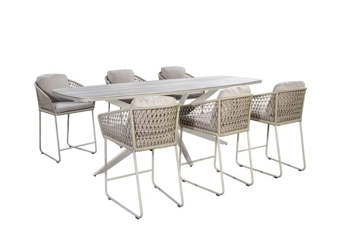 Yoi Bara 7-delige high dining set salix  frame salix rope  flax beige kussenset