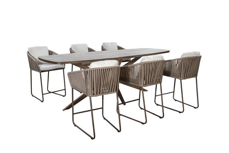 Yoi Calera 7-delige high dining set bronze frame coffee rope  wool white boucle kussenset